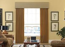 Drapery with liner in front with cornice valance in living room